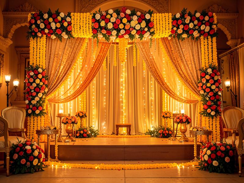 Decorated wedding mandap with flowers and lights