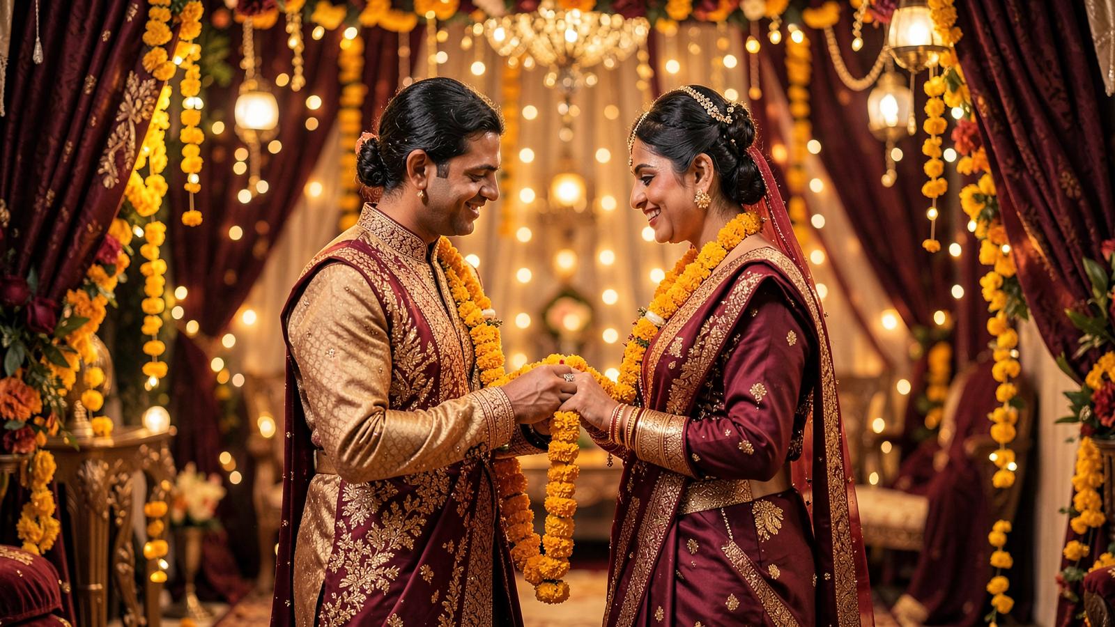 Indian couple exchanging garlands at a traditional wedding